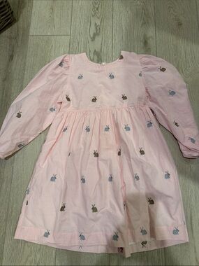 Pink Chicken Pink Dress with Blue and Brown Bunny Embroidery